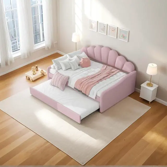 Main image of Full Size Upholstery Daybed with Trundle,Tufted Sofa Bed with Shall Shaped Backrest,Platform Daybed Frame with Headboard and Footboard,Corner Bed Frame for Adults Teens Dorm Guest Room,Pink