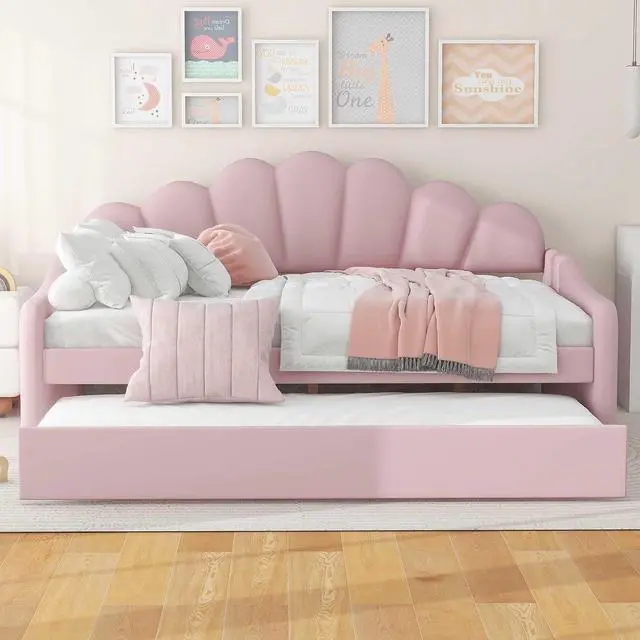 Alt view image 5 of 7 - Full Size Upholstery Daybed with Trundle,Tufted Sofa Bed with Shall Shaped Backrest,Platform Daybed Frame with Headboard and Footboard,Corner Bed Frame for Adults Teens Dorm Guest Room,Pink