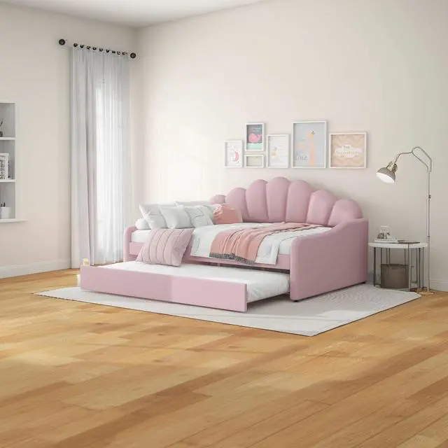 Alt view image 4 of 7 - Full Size Upholstery Daybed with Trundle,Tufted Sofa Bed with Shall Shaped Backrest,Platform Daybed Frame with Headboard and Footboard,Corner Bed Frame for Adults Teens Dorm Guest Room,Pink