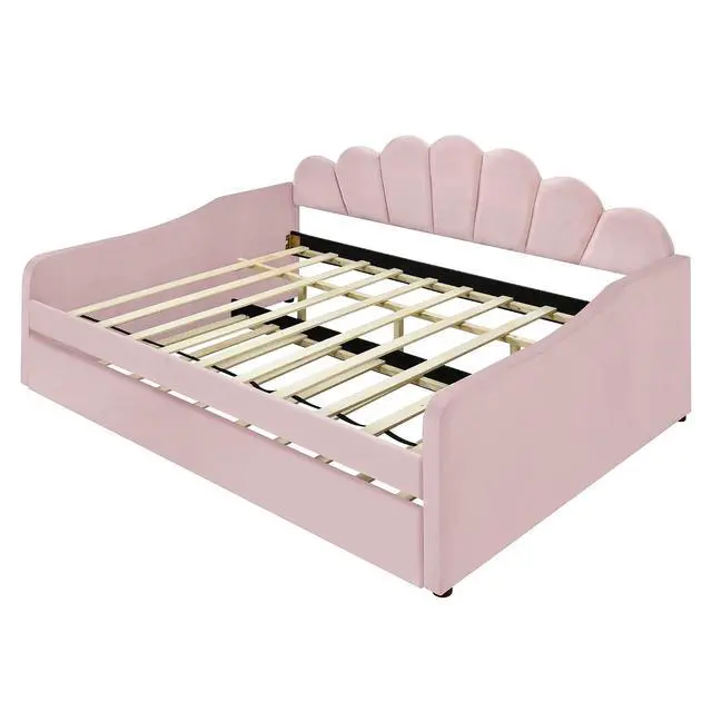 Alt view image 6 of 7 - Full Size Upholstery Daybed with Trundle,Tufted Sofa Bed with Shall Shaped Backrest,Platform Daybed Frame with Headboard and Footboard,Corner Bed Frame for Adults Teens Dorm Guest Room,Pink