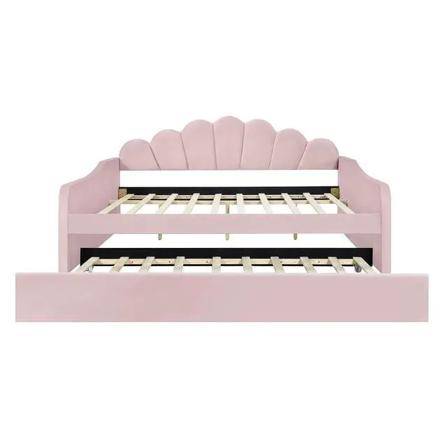 Alt view image 7 of 7 - Full Size Upholstery Daybed with Trundle,Tufted Sofa Bed with Shall Shaped Backrest,Platform Daybed Frame with Headboard and Footboard,Corner Bed Frame for Adults Teens Dorm Guest Room,Pink