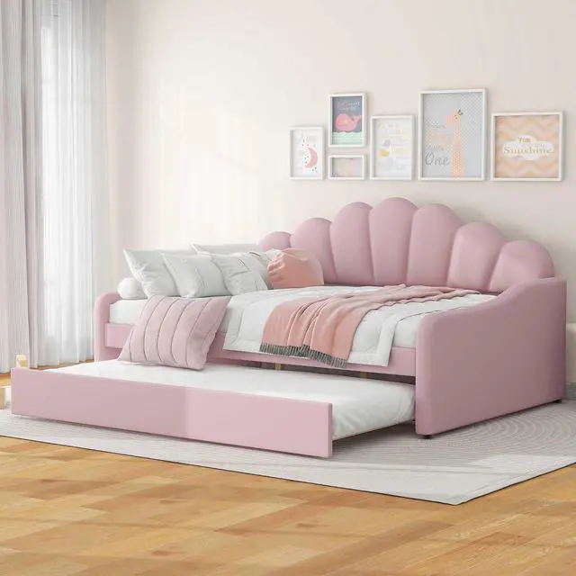 Alt view image 3 of 7 - Full Size Upholstery Daybed with Trundle,Tufted Sofa Bed with Shall Shaped Backrest,Platform Daybed Frame with Headboard and Footboard,Corner Bed Frame for Adults Teens Dorm Guest Room,Pink