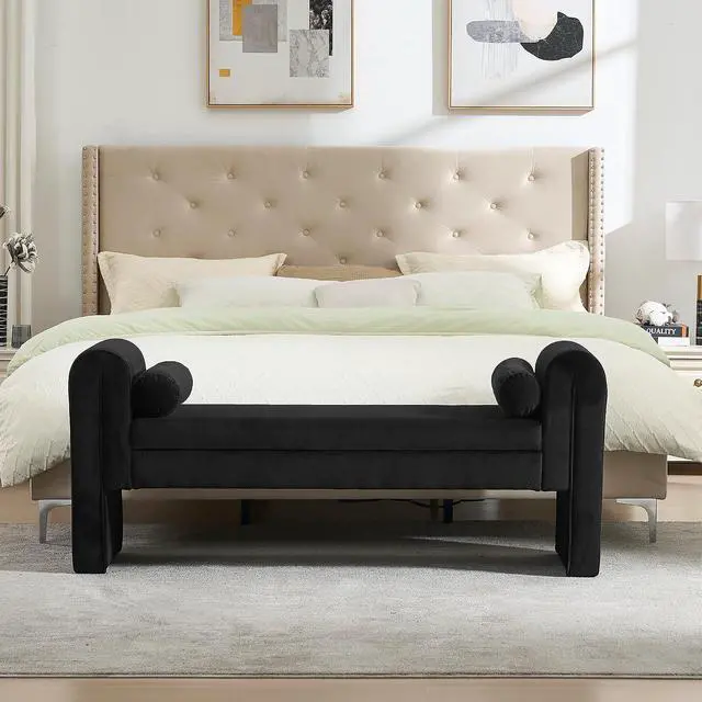 Alt view image 5 of 7 - 60" End of Bed Bench with Storage, Velvet Upholstered Large Storage Ottoman with Rolled Pillows and Armrest, Soft Window Bench, Footstool for Living Room, Entryway, Dormitory, Bedroom, Black