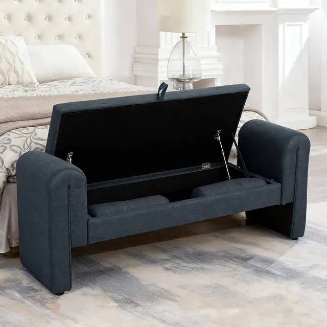Main image of 60" End of Bed Bench with Storage, Velvet Upholstered Large Storage Ottoman with Rolled Pillows and Armrest, Soft Window Bench, Footstool for Living Room, Entryway, Dormitory, Bedroom, Dark Blue