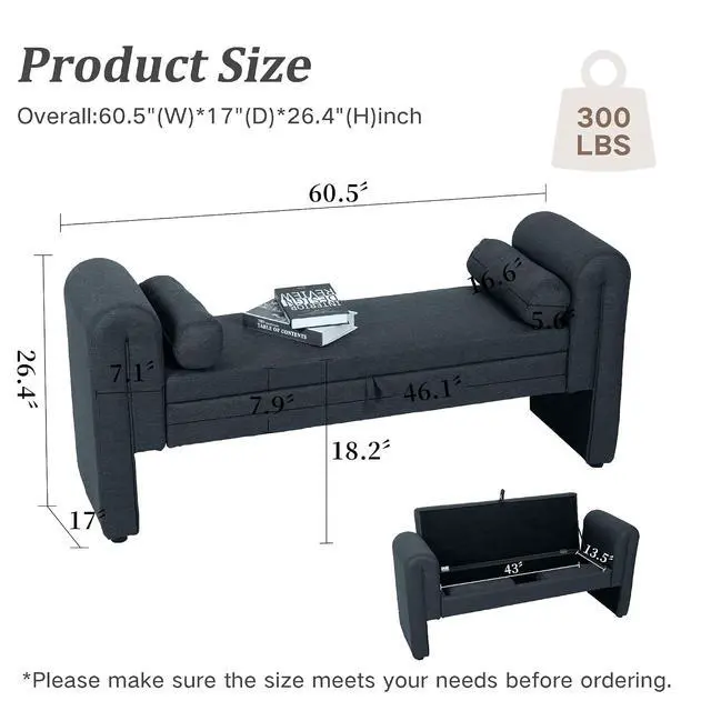 Alt view image 2 of 7 - 60" End of Bed Bench with Storage, Velvet Upholstered Large Storage Ottoman with Rolled Pillows and Armrest, Soft Window Bench, Footstool for Living Room, Entryway, Dormitory, Bedroom, Dark Blue