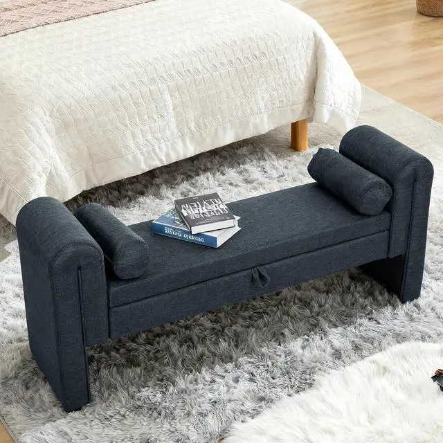 Alt view image 7 of 7 - 60" End of Bed Bench with Storage, Velvet Upholstered Large Storage Ottoman with Rolled Pillows and Armrest, Soft Window Bench, Footstool for Living Room, Entryway, Dormitory, Bedroom, Dark Blue