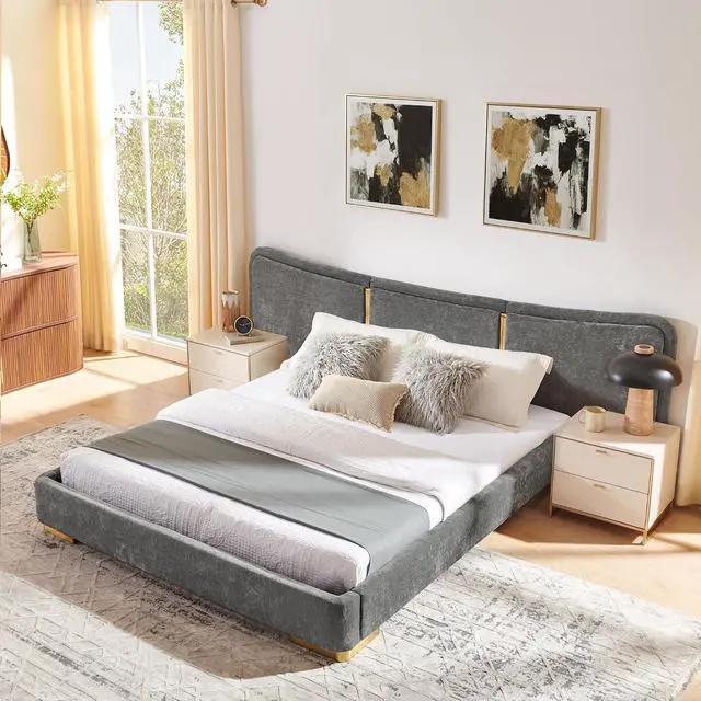 Alt view image 2 of 7 - Queen Size Platform Bed with Wide Headboard, Soft Chenille Upholstered Bed Frame, Curved Headboard, Oversized Luxury Double Bedframe with Reinforced Electroplated Metal Legs, Dark Gray