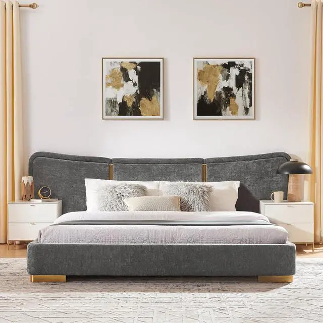 Alt view image 3 of 7 - Queen Size Platform Bed with Wide Headboard, Soft Chenille Upholstered Bed Frame, Curved Headboard, Oversized Luxury Double Bedframe with Reinforced Electroplated Metal Legs, Dark Gray