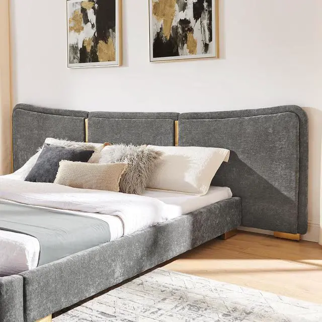 Alt view image 6 of 7 - King Size Platform Bed with Wide Headboard, Soft Chenille Upholstered Bed Frame, Curved Headboard, Oversized Luxury Double Bedframe with Reinforced Electroplated Metal Legs, Dark Gray