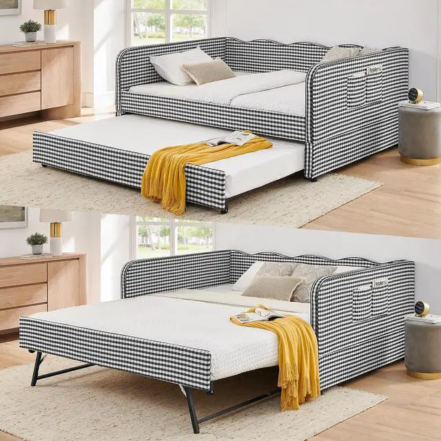 Main image of 3 in 1 Full Daybed with Pop Up Trundle, Convertible Gingham Upholstered Sofa Bed with Side Storage Pockets, Extendable Guest Bed Frame for Teens Adults Bedroom Living Room, Black