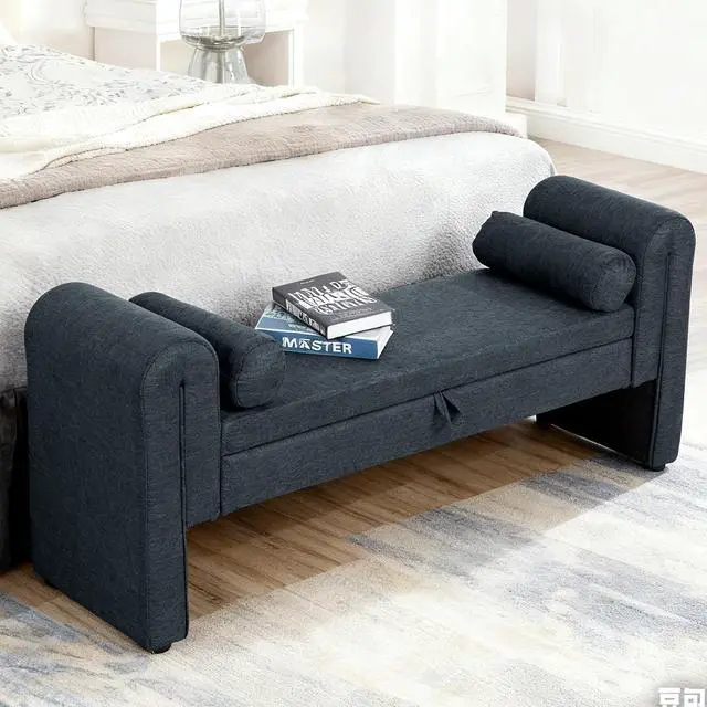 Alt view image 5 of 7 - 60" End of Bed Bench with Storage, Velvet Upholstered Large Storage Ottoman with Rolled Pillows and Armrest, Soft Window Bench, Footstool for Living Room, Entryway, Dormitory, Bedroom, Dark Blue