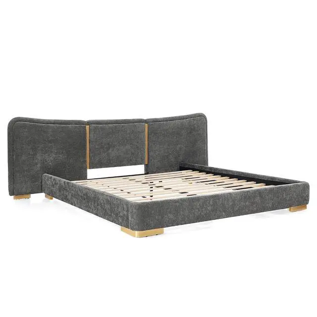 Alt view image 7 of 7 - Queen Size Platform Bed with Wide Headboard, Soft Chenille Upholstered Bed Frame, Curved Headboard, Oversized Luxury Double Bedframe with Reinforced Electroplated Metal Legs, Dark Gray