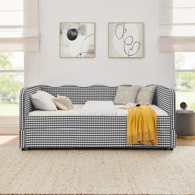 Alt view image 2 of 7 - 3 in 1 Full Daybed with Pop Up Trundle, Convertible Gingham Upholstered Sofa Bed with Side Storage Pockets, Extendable Guest Bed Frame for Teens Adults Bedroom Living Room, Black