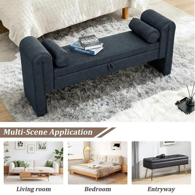 Alt view image 3 of 7 - 60" End of Bed Bench with Storage, Velvet Upholstered Large Storage Ottoman with Rolled Pillows and Armrest, Soft Window Bench, Footstool for Living Room, Entryway, Dormitory, Bedroom, Dark Blue