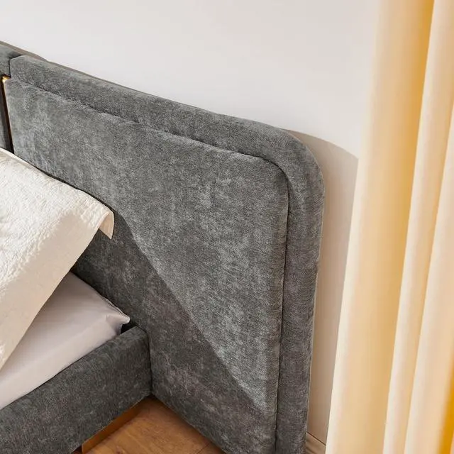 Alt view image 6 of 7 - Queen Size Platform Bed with Wide Headboard, Soft Chenille Upholstered Bed Frame, Curved Headboard, Oversized Luxury Double Bedframe with Reinforced Electroplated Metal Legs, Dark Gray