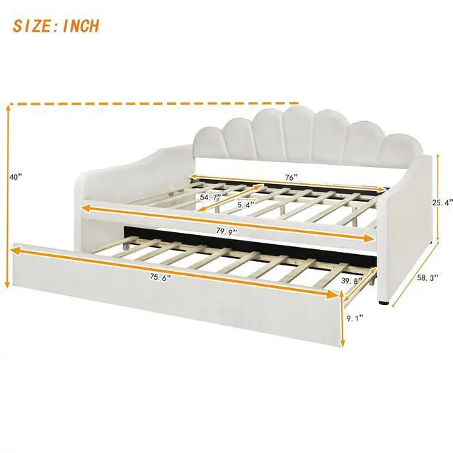 Alt view image 2 of 7 - Full Size Velvet Daybed with Trundle Bed,White Platform Daybed Frame,Sturdy Pine Wood Trundle Bed,Modern Sofa Bed for Living Room,Bedroom,Guest Room,No Box Spring Required,Easy Assembly