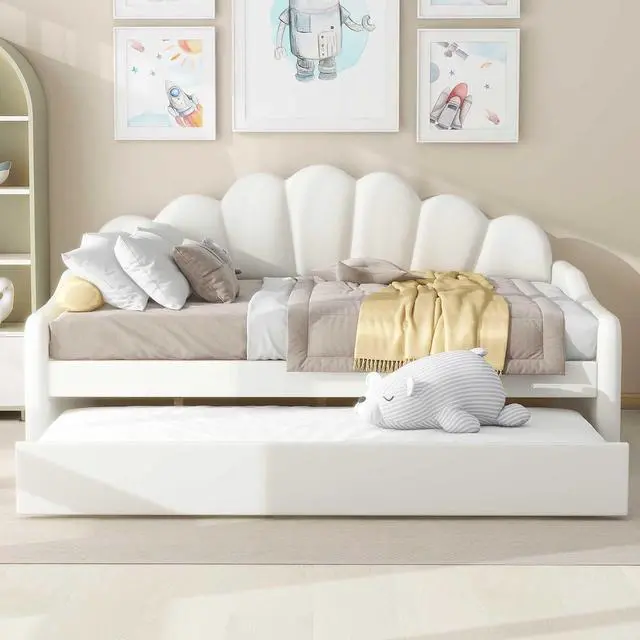 Alt view image 3 of 7 - Full Size Velvet Daybed with Trundle Bed,White Platform Daybed Frame,Sturdy Pine Wood Trundle Bed,Modern Sofa Bed for Living Room,Bedroom,Guest Room,No Box Spring Required,Easy Assembly