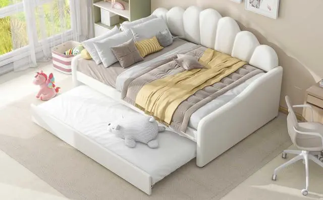 Alt view image 5 of 7 - Full Size Velvet Daybed with Trundle Bed,White Platform Daybed Frame,Sturdy Pine Wood Trundle Bed,Modern Sofa Bed for Living Room,Bedroom,Guest Room,No Box Spring Required,Easy Assembly