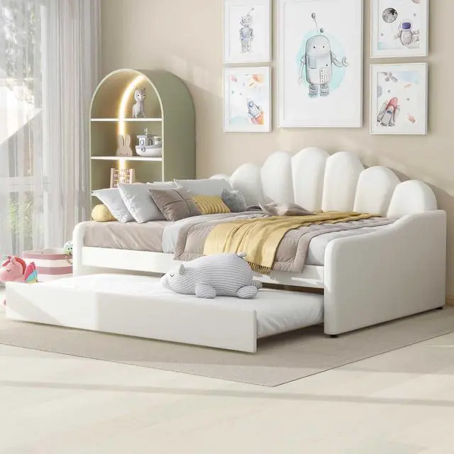 Alt view image 4 of 7 - Full Size Velvet Daybed with Trundle Bed,White Platform Daybed Frame,Sturdy Pine Wood Trundle Bed,Modern Sofa Bed for Living Room,Bedroom,Guest Room,No Box Spring Required,Easy Assembly
