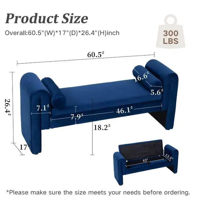 Alt view image 2 of 7 - 60" End of Bed Bench with Storage, Velvet Upholstered Large Storage Ottoman with Rolled Pillows and Armrest, Soft Window Bench, Footstool for Living Room, Entryway, Dormitory, Bedroom, Navy