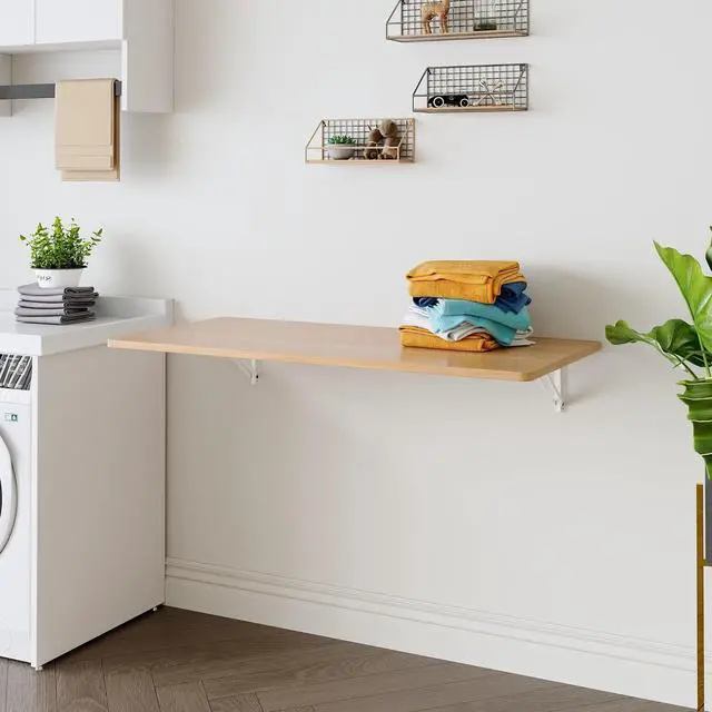 Alt view image 7 of 7 - Wall Mounted Laundry Folding Table, Wall Mounted Laundry Folding Station for Small Spaces,Fold Down Desk Shelf, Droptop Workbench for Garage & Shed/Home Office, Bar/Kitchen/ Dining Room, Wood