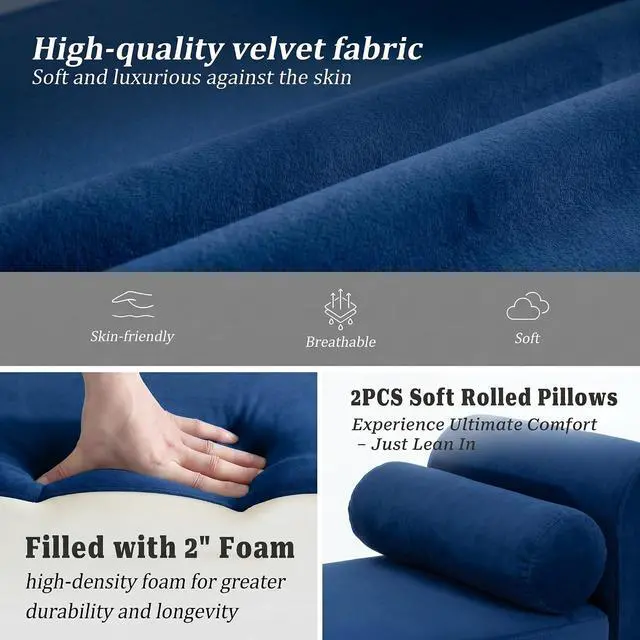 Alt view image 3 of 7 - 60" End of Bed Bench with Storage, Velvet Upholstered Large Storage Ottoman with Rolled Pillows and Armrest, Soft Window Bench, Footstool for Living Room, Entryway, Dormitory, Bedroom, Navy