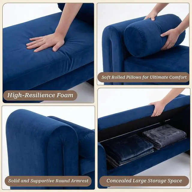 Alt view image 4 of 7 - 60" End of Bed Bench with Storage, Velvet Upholstered Large Storage Ottoman with Rolled Pillows and Armrest, Soft Window Bench, Footstool for Living Room, Entryway, Dormitory, Bedroom, Navy