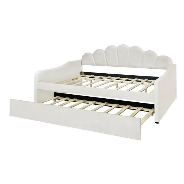 Alt view image 6 of 7 - Full Size Velvet Daybed with Trundle Bed,White Platform Daybed Frame,Sturdy Pine Wood Trundle Bed,Modern Sofa Bed for Living Room,Bedroom,Guest Room,No Box Spring Required,Easy Assembly