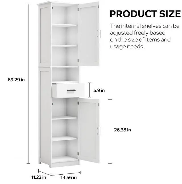 Alt view image 2 of 7 - Narrow Bathroom Storage Cabinet, 69" Tall Bathroom Organizers and Storage with Barn Doors and Drawer, Slim Pantry Unit with Adjustable Shelves, Floor Cabinet for Bathroom, Living Room, Kitchen, White