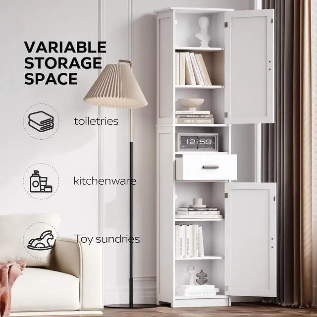 Alt view image 3 of 7 - Narrow Bathroom Storage Cabinet, 69" Tall Bathroom Organizers and Storage with Barn Doors and Drawer, Slim Pantry Unit with Adjustable Shelves, Floor Cabinet for Bathroom, Living Room, Kitchen, White