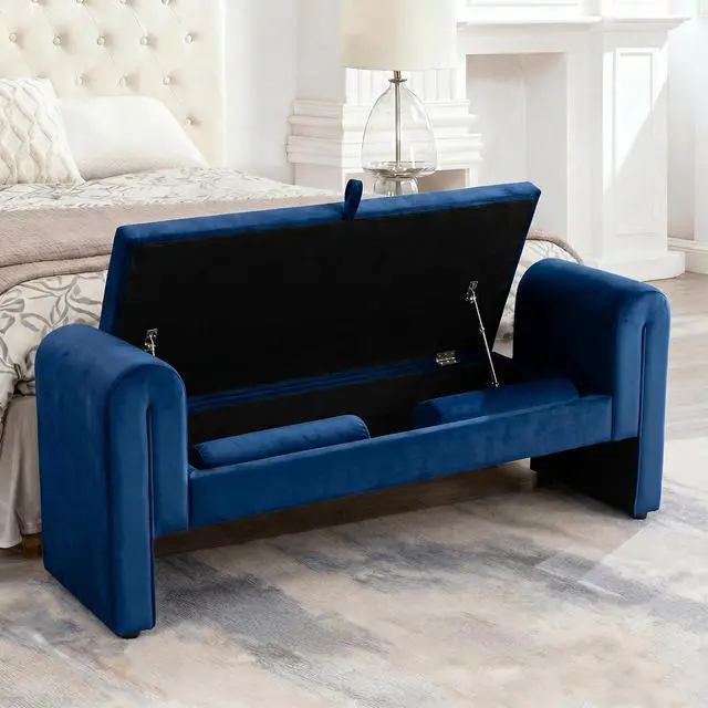 Alt view image 5 of 7 - 60" End of Bed Bench with Storage, Velvet Upholstered Large Storage Ottoman with Rolled Pillows and Armrest, Soft Window Bench, Footstool for Living Room, Entryway, Dormitory, Bedroom, Navy