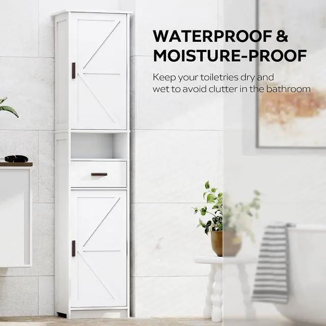Alt view image 4 of 7 - Narrow Bathroom Storage Cabinet, 69" Tall Bathroom Organizers and Storage with Barn Doors and Drawer, Slim Pantry Unit with Adjustable Shelves, Floor Cabinet for Bathroom, Living Room, Kitchen, White