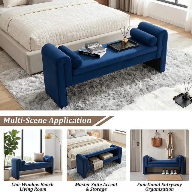 Alt view image 7 of 7 - 60" End of Bed Bench with Storage, Velvet Upholstered Large Storage Ottoman with Rolled Pillows and Armrest, Soft Window Bench, Footstool for Living Room, Entryway, Dormitory, Bedroom, Navy