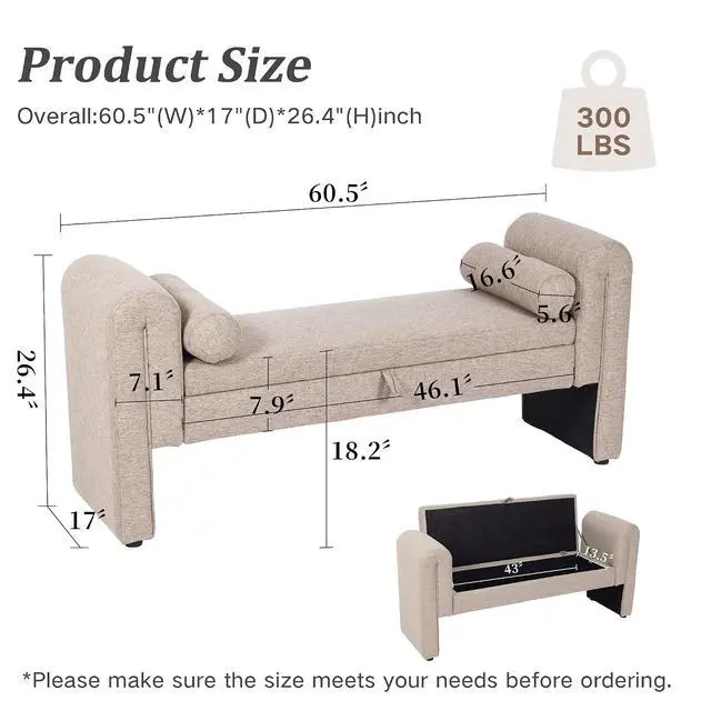 Alt view image 2 of 7 - 60" End of Bed Bench with Storage, Velvet Upholstered Large Storage Ottoman with Rolled Pillows and Armrest, Soft Window Bench, Footstool for Living Room, Entryway, Dormitory, Bedroom, Oatmeal