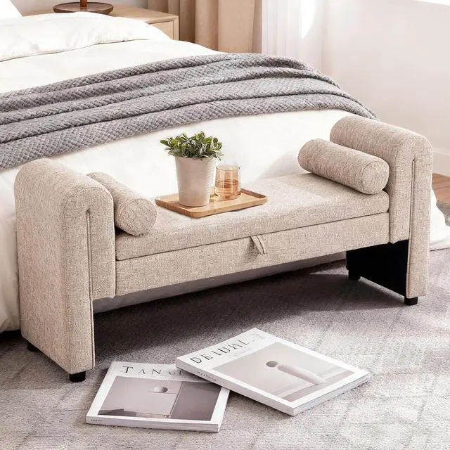 Main image of 60" End of Bed Bench with Storage, Velvet Upholstered Large Storage Ottoman with Rolled Pillows and Armrest, Soft Window Bench, Footstool for Living Room, Entryway, Dormitory, Bedroom, Oatmeal