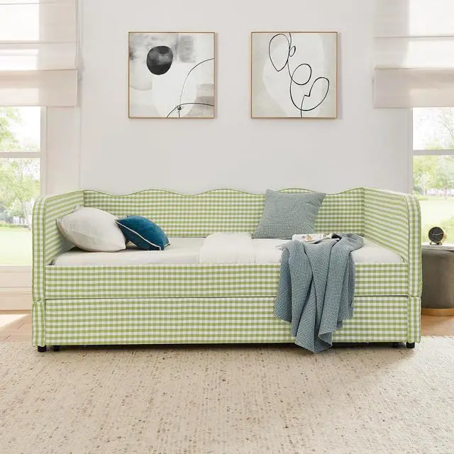 Alt view image 2 of 7 - 3 in 1 Full Daybed with Pop Up Trundle, Convertible Gingham Upholstered Sofa Bed with Side Storage Pockets, Extendable Guest Bed Frame for Teens Adults Bedroom Living Room, Green