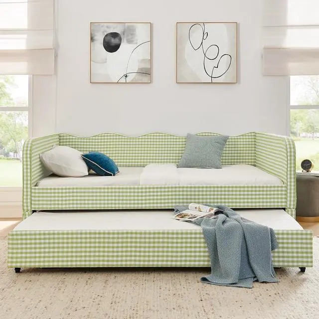 Alt view image 5 of 7 - 3 in 1 Full Daybed with Pop Up Trundle, Convertible Gingham Upholstered Sofa Bed with Side Storage Pockets, Extendable Guest Bed Frame for Teens Adults Bedroom Living Room, Green