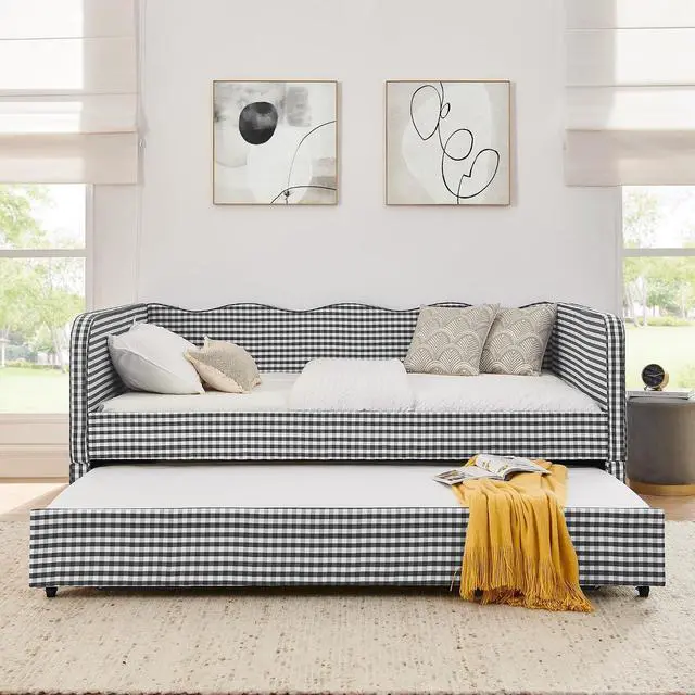 Alt view image 5 of 7 - 3 in 1 Full Daybed with Pop Up Trundle, Convertible Gingham Upholstered Sofa Bed with Side Storage Pockets, Extendable Guest Bed Frame for Teens Adults Bedroom Living Room, Black