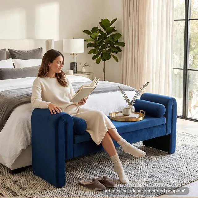 Alt view image 6 of 7 - 60" End of Bed Bench with Storage, Velvet Upholstered Large Storage Ottoman with Rolled Pillows and Armrest, Soft Window Bench, Footstool for Living Room, Entryway, Dormitory, Bedroom, Navy