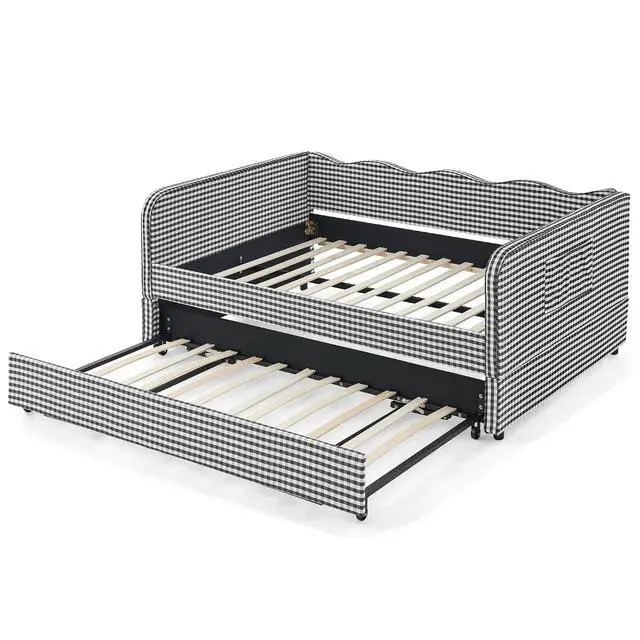 Alt view image 6 of 7 - 3 in 1 Full Daybed with Pop Up Trundle, Convertible Gingham Upholstered Sofa Bed with Side Storage Pockets, Extendable Guest Bed Frame for Teens Adults Bedroom Living Room, Black