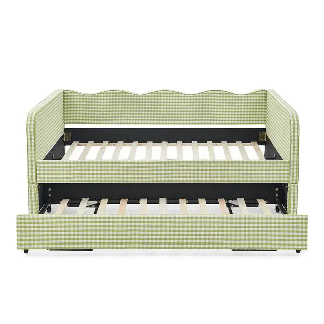 Alt view image 6 of 7 - 3 in 1 Full Daybed with Pop Up Trundle, Convertible Gingham Upholstered Sofa Bed with Side Storage Pockets, Extendable Guest Bed Frame for Teens Adults Bedroom Living Room, Green