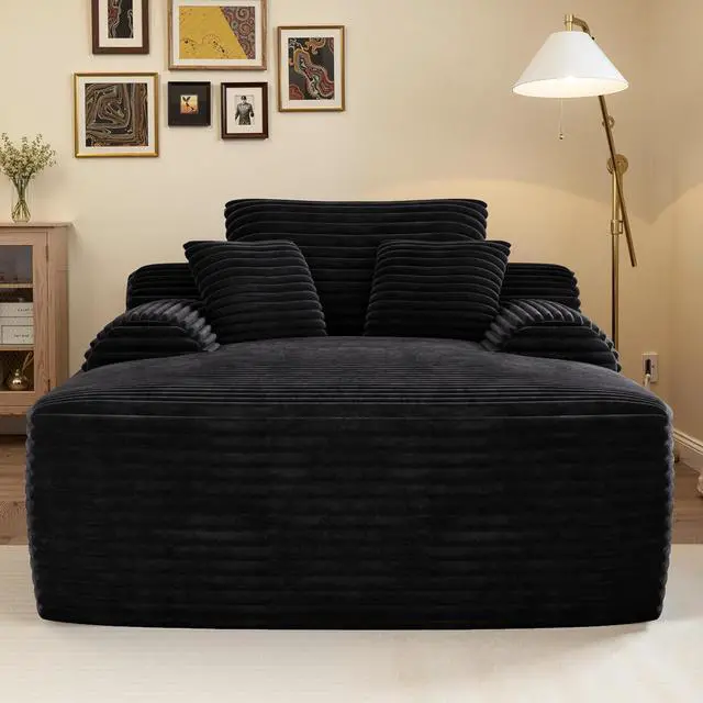 Alt view image 3 of 7 - Floor Lazy Sofa with Pillows, 47" Width Convertible Chaise Lounge Chair with Armrest, Oversized Plush Boneless Sleeper Sofa Bed, Soft Sleeper Chair for Living Room, Bedroom, Black