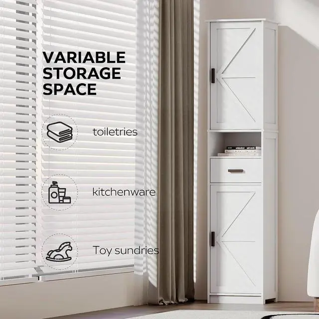 Alt view image 5 of 7 - Narrow Bathroom Storage Cabinet, 69" Tall Bathroom Organizers and Storage with Barn Doors and Drawer, Slim Pantry Unit with Adjustable Shelves, Floor Cabinet for Bathroom, Living Room, Kitchen, White