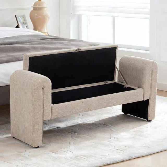 Alt view image 6 of 7 - 60" End of Bed Bench with Storage, Velvet Upholstered Large Storage Ottoman with Rolled Pillows and Armrest, Soft Window Bench, Footstool for Living Room, Entryway, Dormitory, Bedroom, Oatmeal