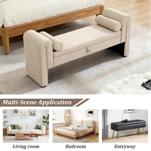 Alt view image 5 of 7 - 60" End of Bed Bench with Storage, Velvet Upholstered Large Storage Ottoman with Rolled Pillows and Armrest, Soft Window Bench, Footstool for Living Room, Entryway, Dormitory, Bedroom, Oatmeal