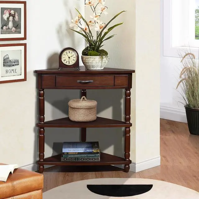 Alt view image 2 of 7 - 33.8'' Triangle End Table for Small Spaces,Corner Desk with Storage Drawer,Small Side Table with Shelves for Living Room, 3 Tier End Table with Solid Wood Legs,Espresso