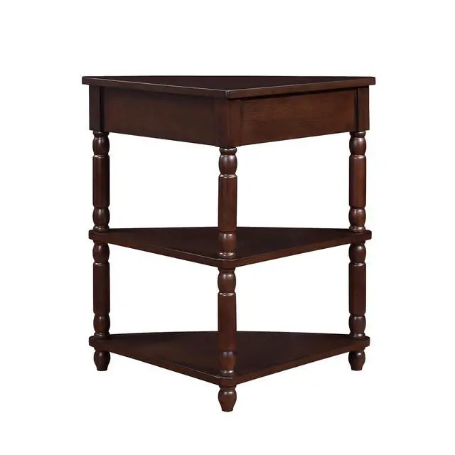Alt view image 5 of 7 - 33.8'' Triangle End Table for Small Spaces,Corner Desk with Storage Drawer,Small Side Table with Shelves for Living Room, 3 Tier End Table with Solid Wood Legs,Espresso
