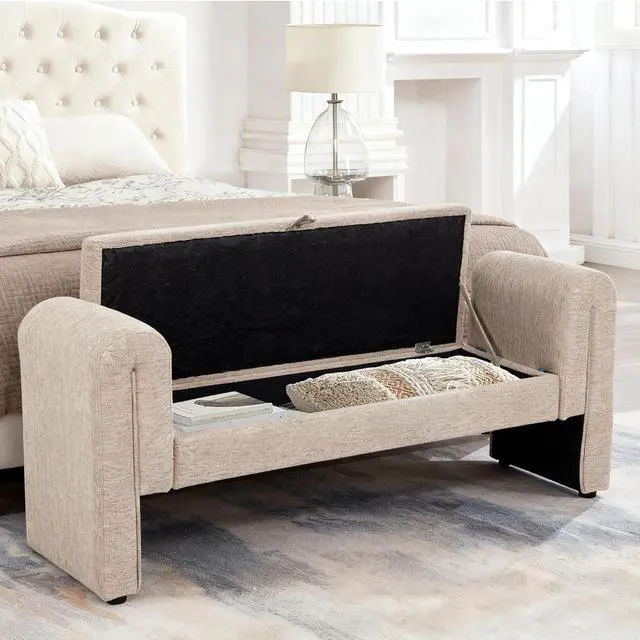 Alt view image 4 of 7 - 60" End of Bed Bench with Storage, Velvet Upholstered Large Storage Ottoman with Rolled Pillows and Armrest, Soft Window Bench, Footstool for Living Room, Entryway, Dormitory, Bedroom, Oatmeal