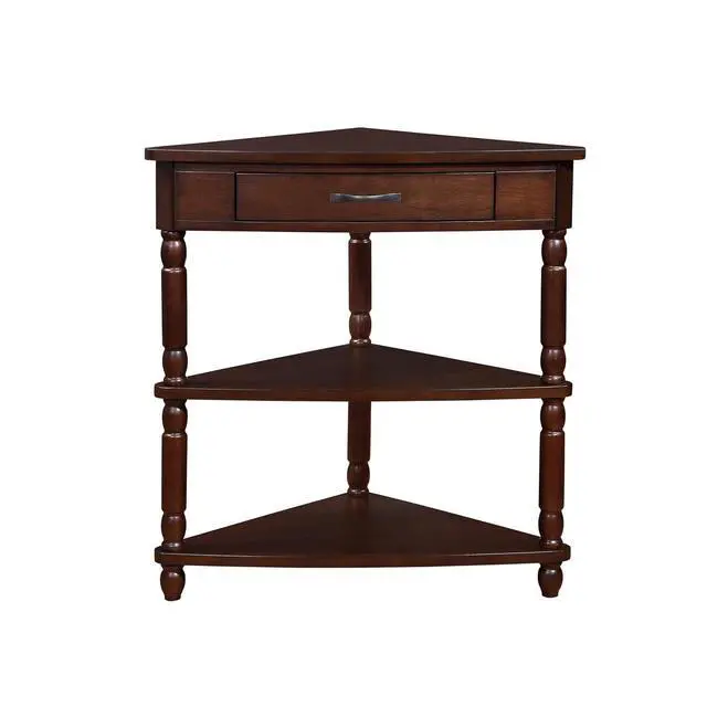 Alt view image 4 of 7 - 33.8'' Triangle End Table for Small Spaces,Corner Desk with Storage Drawer,Small Side Table with Shelves for Living Room, 3 Tier End Table with Solid Wood Legs,Espresso