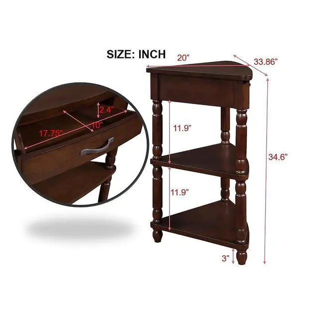 Alt view image 3 of 7 - 33.8'' Triangle End Table for Small Spaces,Corner Desk with Storage Drawer,Small Side Table with Shelves for Living Room, 3 Tier End Table with Solid Wood Legs,Espresso